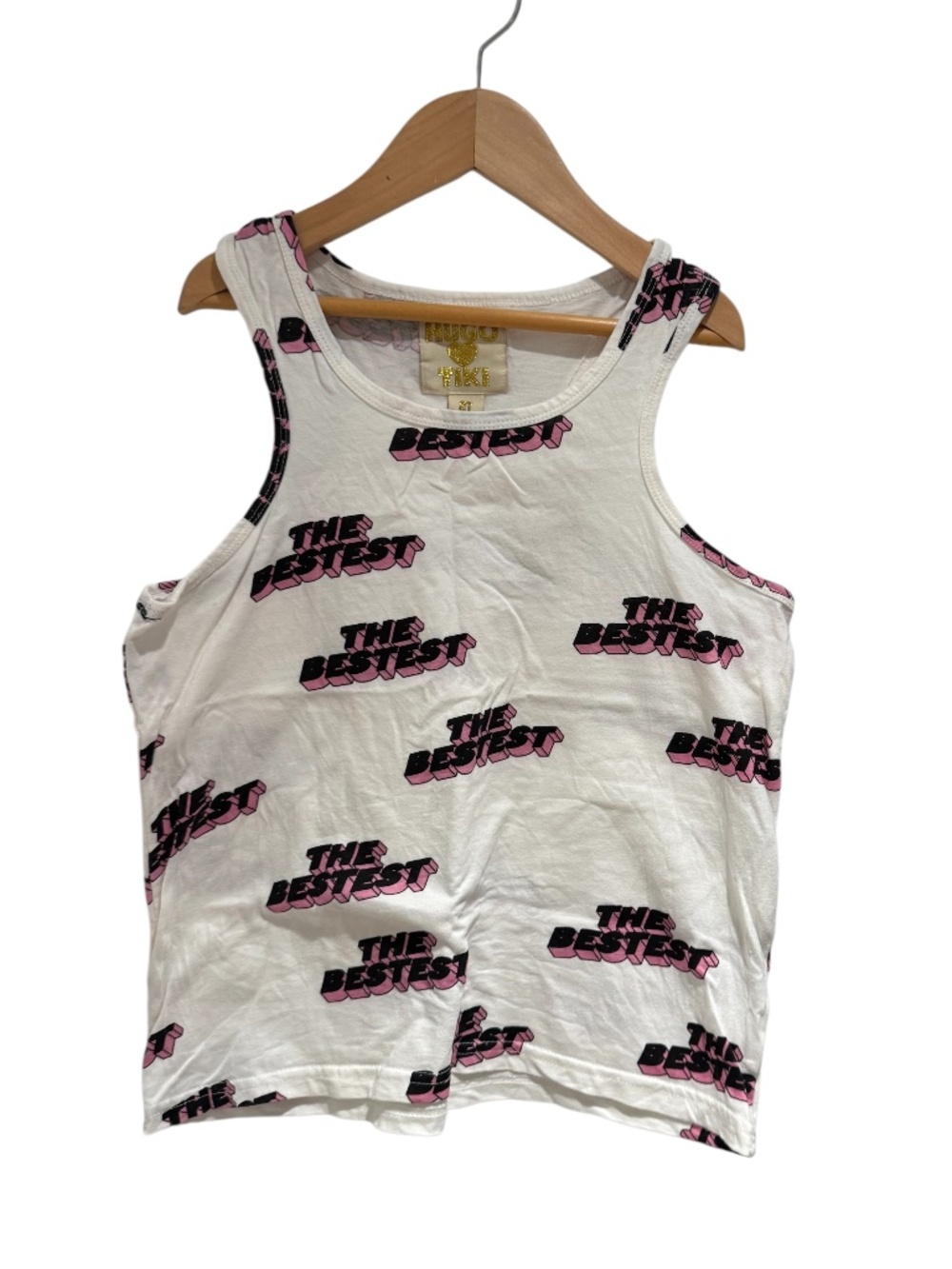 HUGO LOVES TIKI “The Bestest” print white & pink racerback tank top - size 8